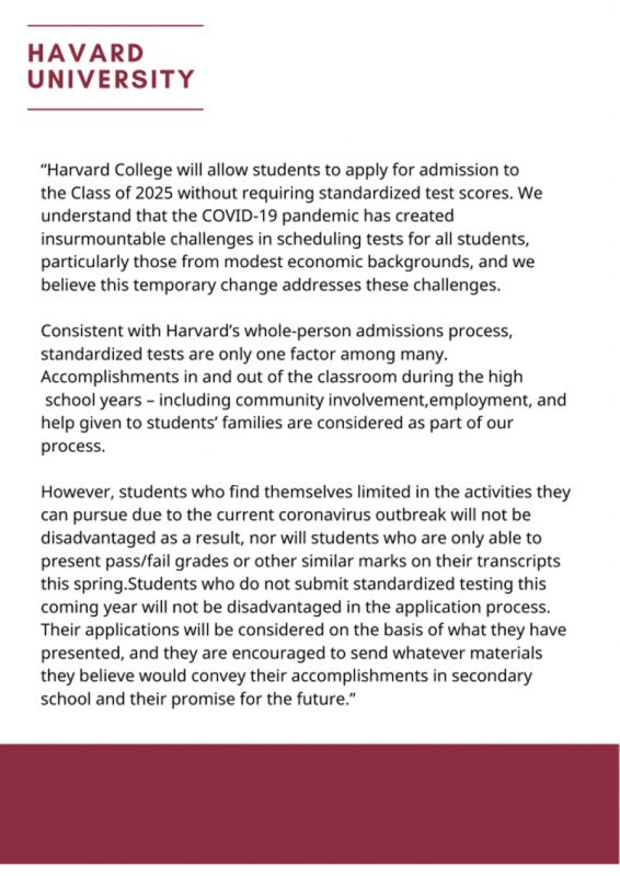 Thông báo Đại học Harvard không yêu cầu SAT và ACT cho sinh viên 2021